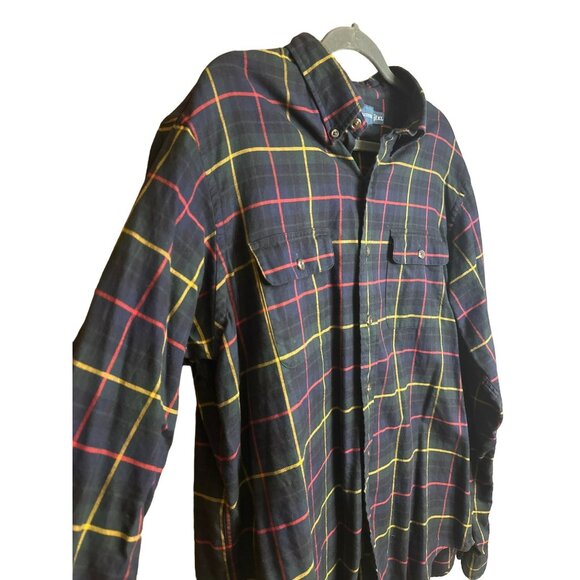 VTG 90s Ralph Lauren Plaid Button Shirt XL Mens Red Yellow Dark Green Navy Pony - Picture 4 of 5